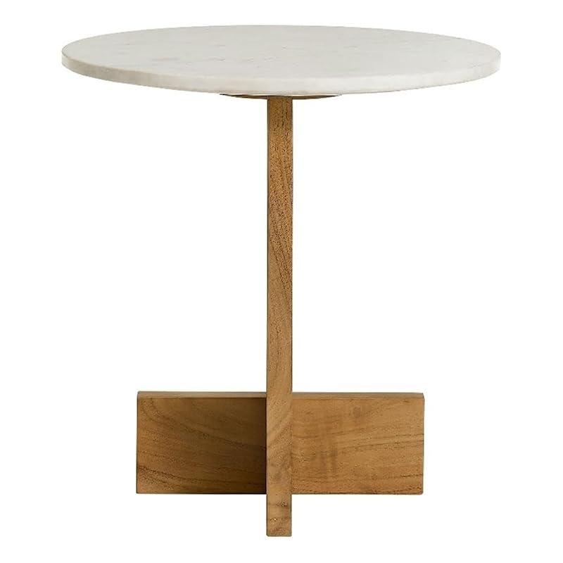 Modway Tarin Marble Top Side Table in Natural - Round Acacia Wood Living Room End Table - Modern Plant Stand or Small Drink Table