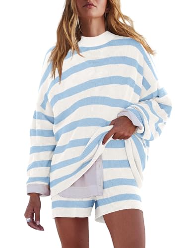 LAMISSCHE Womens Oversized Lounge Sets 2 Piece Outfits Striped Matching Pajama Set Long Sleeve Sweater Set