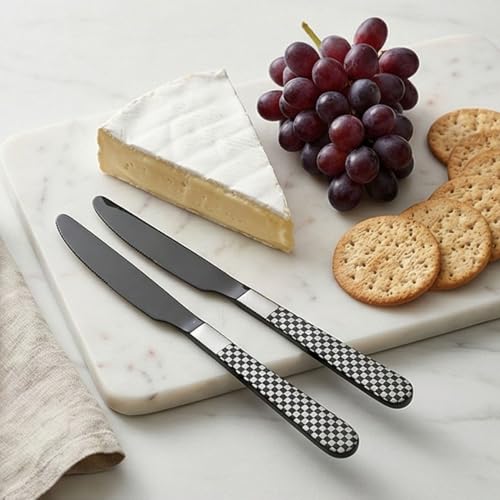 Image of 9 inch Charcoal Black Steak Knives Set of 5 with Checks Printed Handle ? Durable Stainless Steel Dinner Knife, Mirror Polished Silverware, Perfect for Home, Restaurant, and Gifting