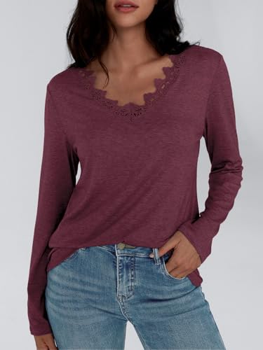 AUTOMET Long Sleeve Shirts for Women 2025 Fall Fashion Lace V Neck Loose Fit Casual Tops Trendy T Shirts Outfits Clothes2