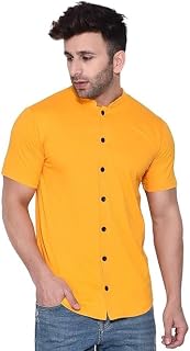 Men's Short Sleeve Mandarin Collar Shirt, Yellow with Black Buttons Price In India