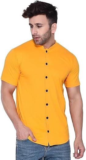 Men's Short Sleeve Mandarin Collar Shirt, Yellow with Black Buttons