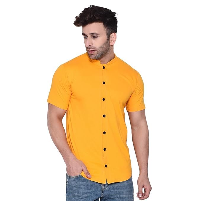 Men's Short Sleeve Mandarin Collar Shirt, Yellow with Black Buttons - Review, Price and Buying Guide