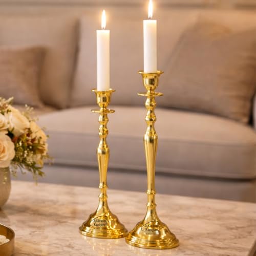 Image of Aluminum Royal Candle Holders for Tapered Candles, (Pack of 2, Golden), Candlestick Holder, Best Gift for Christmas Decor, Dining Table Decor