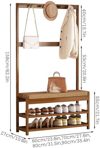 3-in-1 Hall Tree with Bench & Shoe Storage, Freestanding Coat Rack with Cushion, Entryway Organizer for Home, Hallway & Living Room Furniture (70x27x158CM)