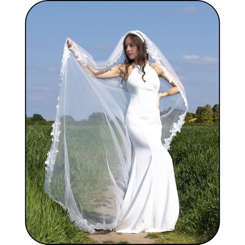 Fubney Wedding Veil Pearls Lace Flower Bridal Veil,1 Tier Cathedral Length Fingertip Length Veil Bride Veil with Metal Comb（118 iches beige）