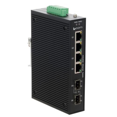 L-COM - IES-2206G-SFP - Switch, 6 Ports, Industrial, Unmanaged Gigabit Ethernet, DIN Rail, RJ45 x 4, SFP x 2