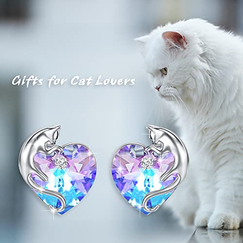 Cat Earrings Sterling Silver Cute Cat Studs Earrings With Purple Heart Crystals From Austria, Cat Jewelry Gifts For Girls Women Cat Lover #TOP2