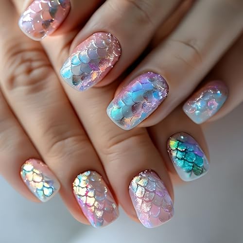 Mermaid Scale Medium Square Press on Nails Iridescent Pastel Scale Patterns Shimmer Glitter Details Glossy Finish Spring Nails Easy Apply Wear Durable Trendy Women Girls Nails Art 24 Pcs