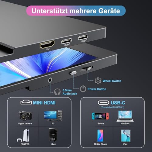 CUIUIC Portable Gaming Monitor 18,5 Zoll 120Hz, Tragbarer Laptop Full HD IPS Bildschirm mit HDR 1080P 100% sRGB, HDMI und USB Type-C Anschluss, VESA, Zweitbildschirm für Laptop/PS4/5/Xbox 4