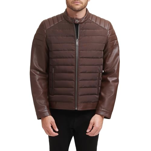 Image of DKNY Men's Mixed Media Faux Leather Puffer Motocross Racer Jacket