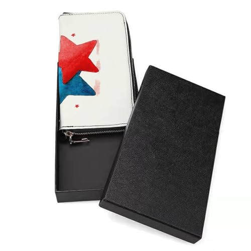 Blue And Red Stars Minimalistic PU Leather Clutch Long Bifold Wallet, Coin Purse Credit Pass Case, Durable Card-Holder Money Storage for Women Men3