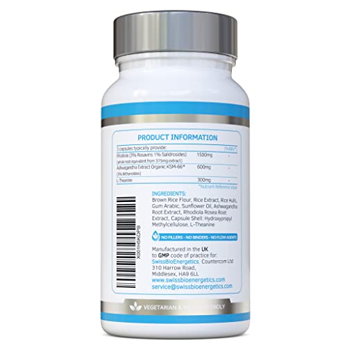 Rhodiola & Ashwagandha with L-Theanine - Award Winning Ashwagandha KSM-66 600mg & 1500mg Rhodiola - Whole Root Equivalent- adaptogen Combo- No Artificial fillers- UK Made