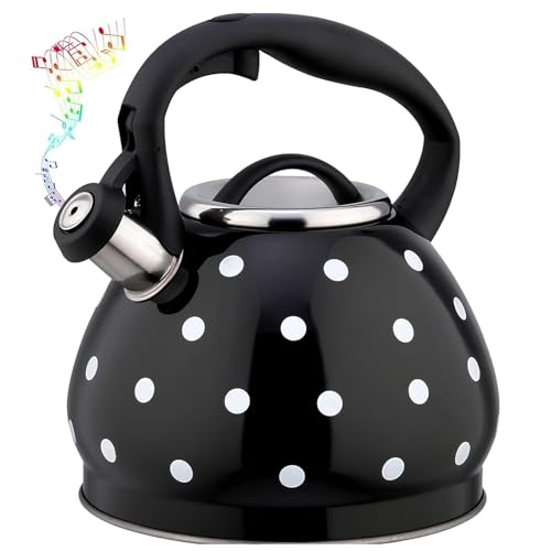 Black and White Tea Kettle, 3 Liter Whistling Polka Dot Teapot, 304 Stainless Steel Tea Pots for Stove Top with Ergonomic Handle, Loud Whistle Kettle for Tea, Coffee, Water, Milk
