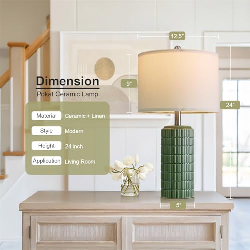 Image of PoKat 23 inch Dark Green Ceramic Table Lamps Set of 2, Modern Table Lamps for Living Room, Farmhouse Lamps for Bedroom Night Stands, Traditional Nightstand Desk Decor Lamps