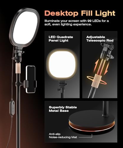 PQRQP Ring Light for Desk, Soft Lighting for Zoom & Video Calls, Selfie Light with Stand & Phone Holder, CRI 97+ Webcam Light for Recording, Streaming, Home Office - 3