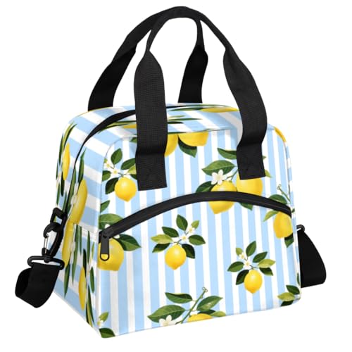 Aglebo Lemon Stripes Insulated Lunch Bag for Women Men Reusable Lunch Box Cooler Bag Large Leakproof Lunch Tote with Adjustable Shoulder Strap for Adult Work Picnic Camping Beach Office
