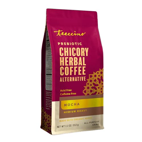 Teeccino Mocha Chicory Coffee Alternative - 11 Ounce - Ground Herbal Coffee That’s Prebiotic, Caffeine-Free & Acid Free, Medium Roast