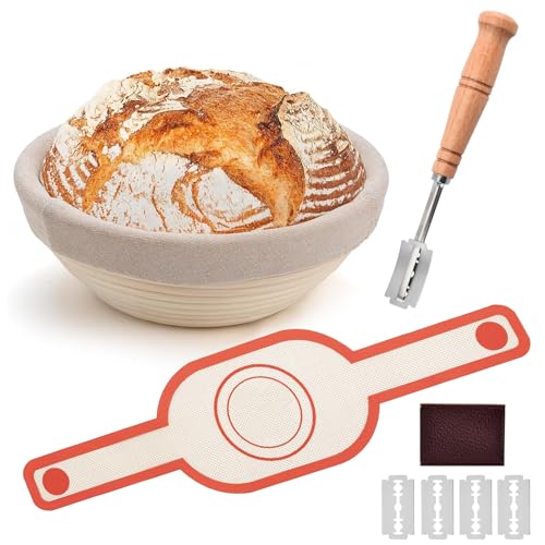 Bread Making Accessories, 9-Inch Banneton Proofing Basket with Leaflet Sourdough Bread Making Tools Kit with Scrapers Silicone Pad for Baking Lovers