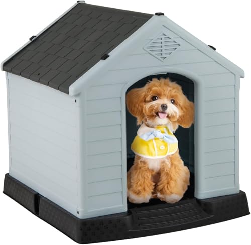 GYMAX Niche Chien en Plastique Résistant aux Intempéries, Bouches d'Aération, Piquet de Sol pour Stabiliser, Toit en Pente Contre Accumulation d'eau, Abri...
