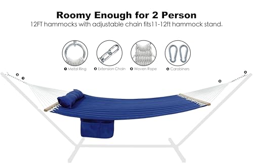Image of GAFETE Hammock 2 Person Quilted Fabric Hammocks for Outside, Double 12ft Hammocks with Spreader Bar, Large Removable Pillow, Storage Bag, Carabiners, Max 475 lbs Capacity (Dark Navy)