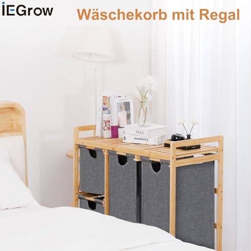 iEGrow Wäschekorb 4 Fächer 150L, Wäschesammler 4 Fächer, Bambus Wäschewagen mit Ablage für Schmutzwäsche, Push-Pull Wäschesack aus Oxford-Gewebe, 2 x 50 L, 2 x 25L Grau Wäschebox