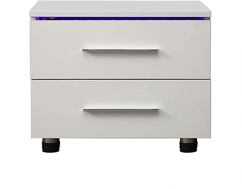 YIYIBYUS Mesita de noche extraíble para dormitorio, moderna mesita de noche de alto brillo, mesa auxiliar de almacenamiento con luces LED, 2 cajones
