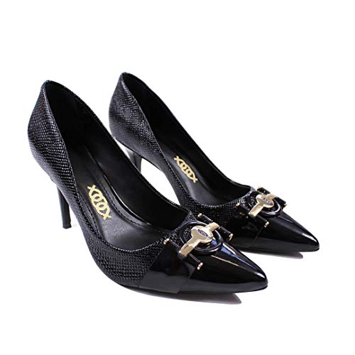 Scarpin Preto Salto Alto Fino Bico Fino Lezard e Verniz com Acessório (35 BR | 6 USA | 37 EUR)