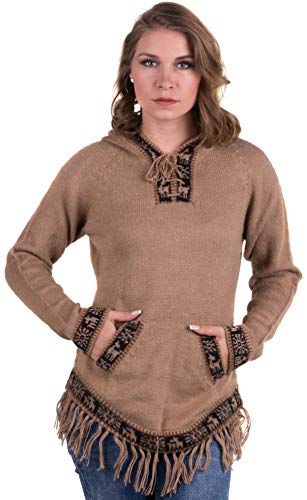 Gamboa Light Brown Hooded Alpaca Sweater with Fringes (Large)