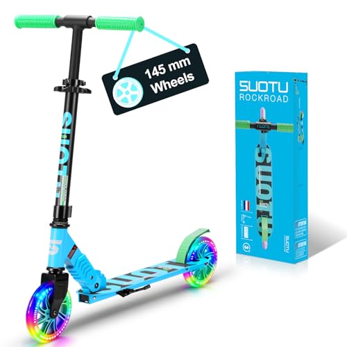 SUOTU Patinete Niño con Grandes Ruedas Iluminadas de 145 mm, Carga Máxima: 100 kg, Scooter para Niños de 3 a 12 Años, Plegable, Volante Ajustable Altura, Aluminio (Azul- Verde)