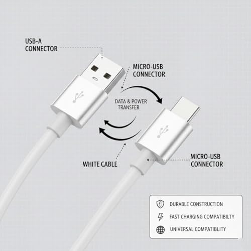 Image of USB to V8 Braided Charging Cable 1 Meter | PVC Design, Fast Charge & Data Transfer | Compatible with Micro USB Phones, Power Banks, Bluetooth Speakers - White