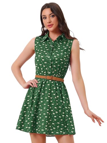 Allegra K Women's Printed Half Placket Above Knee Sleeveless Belted Dress Green-cat Print S