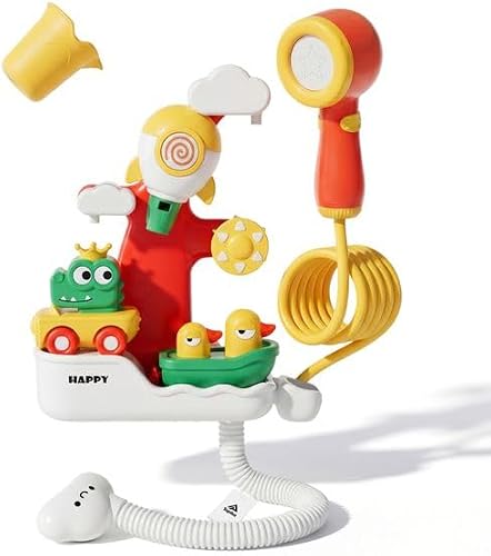 4-in-1 Electric Bath Toys,Water Play Set with Electric Shower Head,Spinning Rocket Whistle,Floating Car and Squirty Yacht,BPA-Free Plastic Bath Toys for Toddlers 18M+