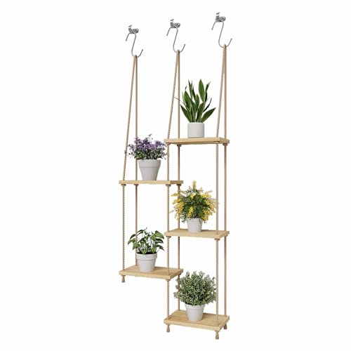 5-Tier Window Plant Stand,Window Sill Extender for Indoor Plants,Wood Adjustable Hanging Floating Stand, for Indoor Plants, Boho Decor for Bedroom, Living Room,Natural Cotton Rope & Solid Wood Wall Mounted Stands