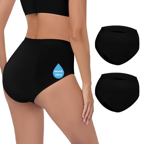 Inkontinenzunterwäsche für Damen Saugfähigkeit 100 ml auslaufsicher und waschbar Inkontinenz-Slip Periodenunterwäsche Hoch taillierte Menstruationsslips für Nacht und aktive Nutzung 2er-Pack
