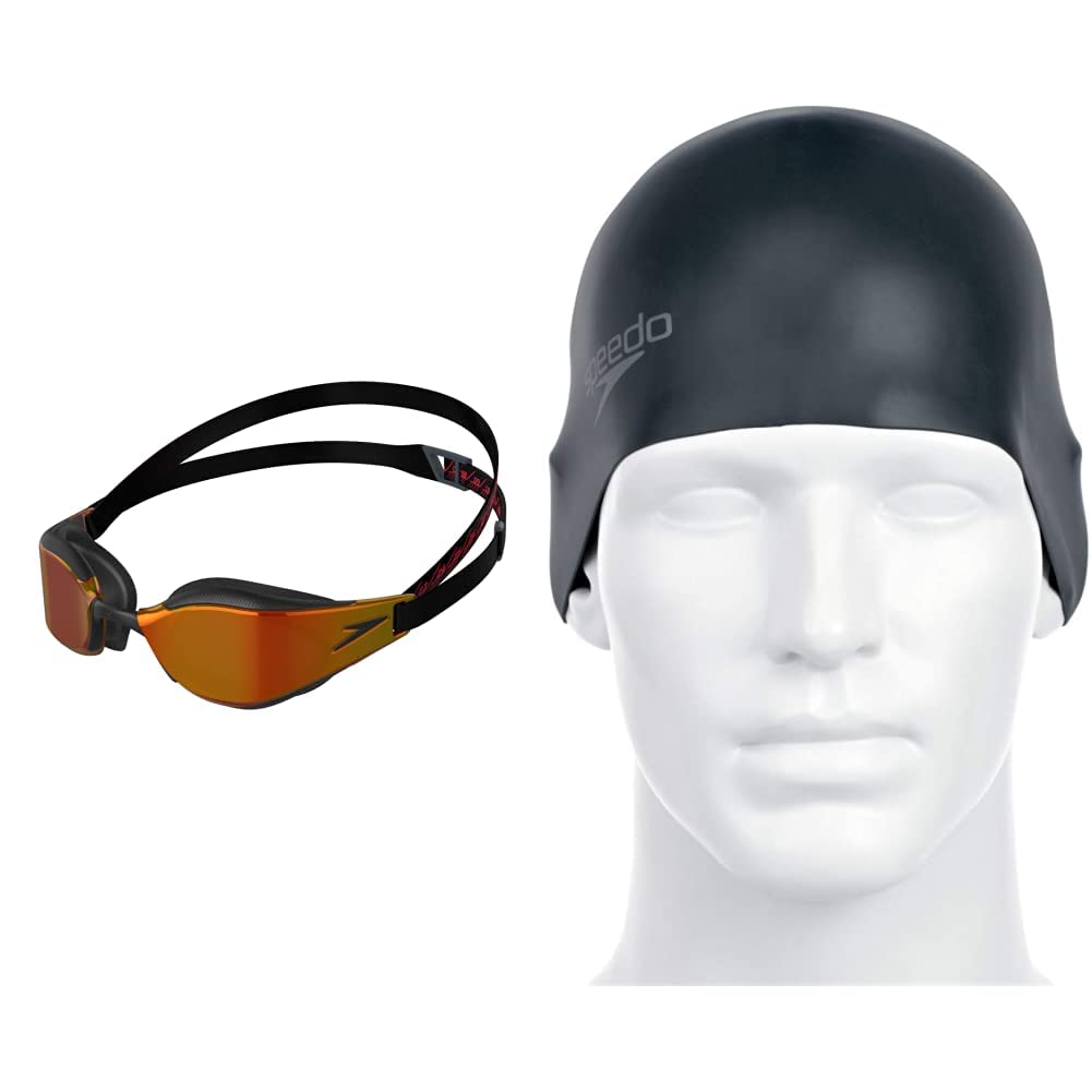 Speedo Fastskin Hyper Elite Mirror Occhialini A Specchio Unisex & Plain Moulded Silicone, Cuffia Unisex, Nero, Taglia Unica