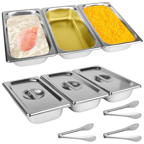 Panierschalen Set 3 Teilig,Panierstraße Schnitze 32,5x17,5 x 6,5cm,GN 1/3 Behälter,Rechteckige Metall Gastro Behälter mit Deckel aus Edelstahl für Schnitzel (Wird mit 3 Edelstahlclips geliefert)