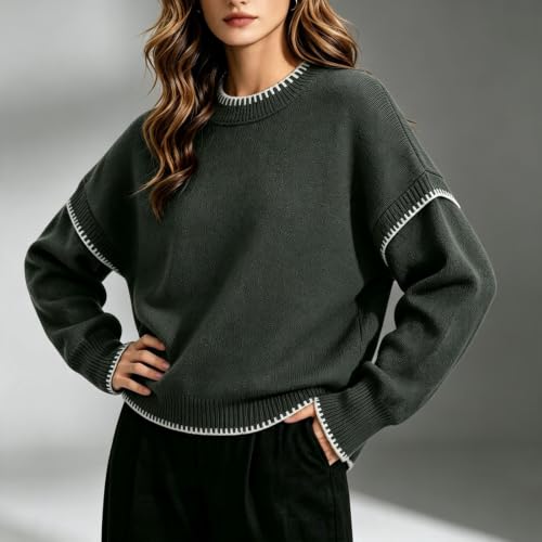 Women's Sweaters Contrast Stitch Crew Neck Knit Pullover Loose Fall Tops - image 2