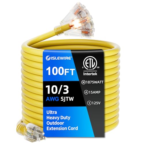 100FT 10 Gauge Outdoor Extension Cord with Multiple Outlets Heavy Duty Waterproof 3 Prong Power Cord with Lighted 3-Outlets 15A 1875W Yellow Extension Cord for Garage Garden Jobsite ETL Listed