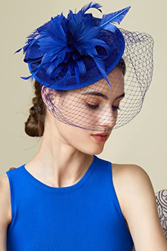 Babeyond Fascinator Hat Veil Feather Fascinator Hair Clip Tea Party Pillbox Derby Hat Fascinator Bridal Wedding Veil D-Royal Blue #TOP3