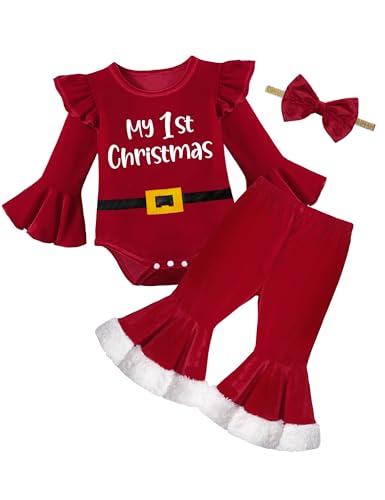 Image of Oranchids Baby Girl Christmas Outfit Ruffle Long Sleeve My 1st Christmas Romper + Velvet Bell Bottoms + Headband 3Pcs