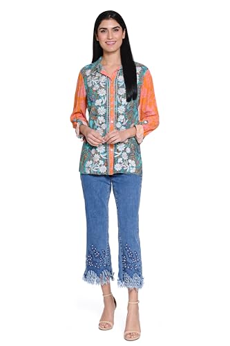 john mark Women's Five Pocket Pant with Fringe Hem Embroidered and Bead Details