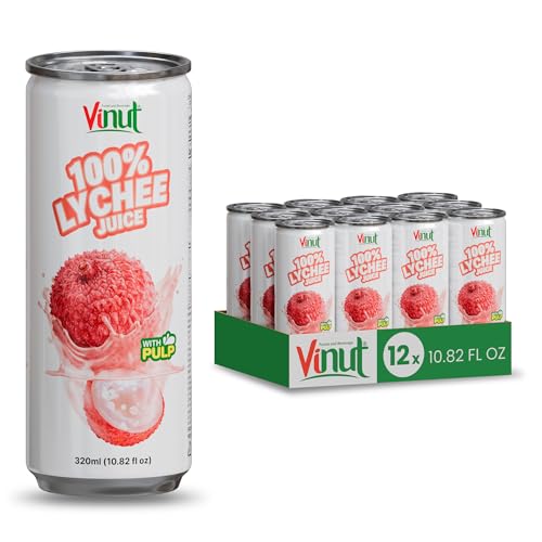 Image of VINUT 100% Lychee Juice with Pulp, No Added Sugar, Not From Concentrate, Gluten Free & Non-GMO Drink, 100% Vegan /Plant-Based, 10.82 fl oz Cans (Pack of 12)