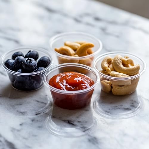 Image of TashiBox 100 Sets 3.25 oz Plastic Disposable Portion Cups with Lids, Souffle Cups, Jello Cups, Snack Cups