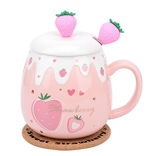 Taza rosa, linda taza de fresa con cuchara de cubierta, taza de café de cerámica, taza Kawaii para...