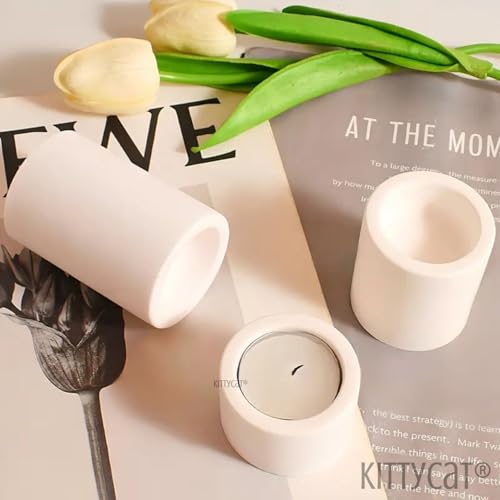 Image of Kitty Cat Aesthetic Tealight Candle Holder Set of 3 | Handmade White Concrete Candle Stand | Minimal Scandinavian Home Decor | Desk & Table Accent for Festivals, Cafes & Bedrooms
