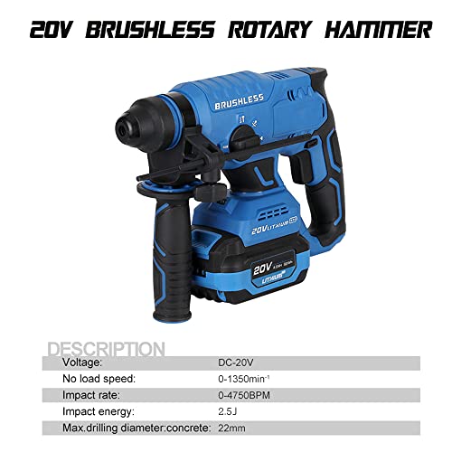 dsfen Akku-Bohrhammer, inkl. 20-Volt-4,0-AH-Li-Ion-Akku, Schnellladegerät, 3-teiliger SDS-Plus-Bohrhammer, Spitzmeißel, Flachmeißel, Staubschutz-Tiefenmesser, Hilfsgriff, Hochleistungs-Abbruchhammer, – Bild 8