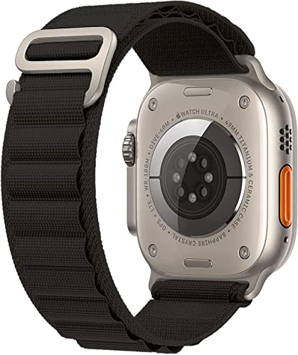 Rain gold Alpine Loop Nylon Bands Compatible for Apple Watch Ultra 49mm 45mm 44mm 42mm, Rugged Nylon Sports Solo Loop Stretch Woven Wristband with G-Hook, Replacement Strap Compatible with iWatch Series 8 7 6 5 4 3 2 1 SE Ultra Women Men, Black