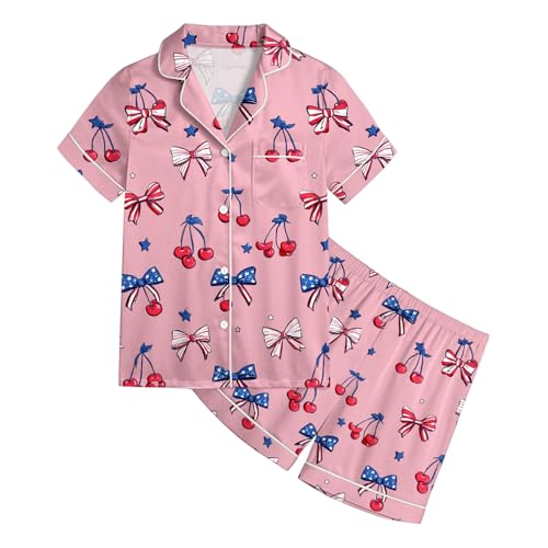 Genérico Girls Independence Day Print Button Down Short Sleeve Pajama Sleepwear Nightwear (5-6 Years)