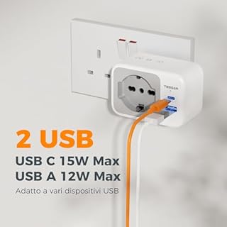 TESSAN Adattatore Presa Inglese con USB C e USB A, 5 in 1 Adattatori Prese Inglesi, Adattatore UK 3250 W, Presa Inglese per Regno Unito, Irlanda, Scozia, Singapore, Tipo G